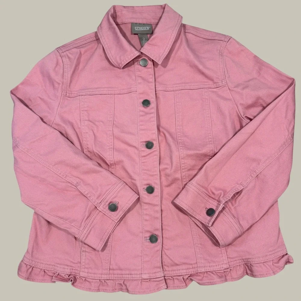 Chicos Women Pink Ruffle Hem Denim Style Jacket Size 2 Large Button Front Twill